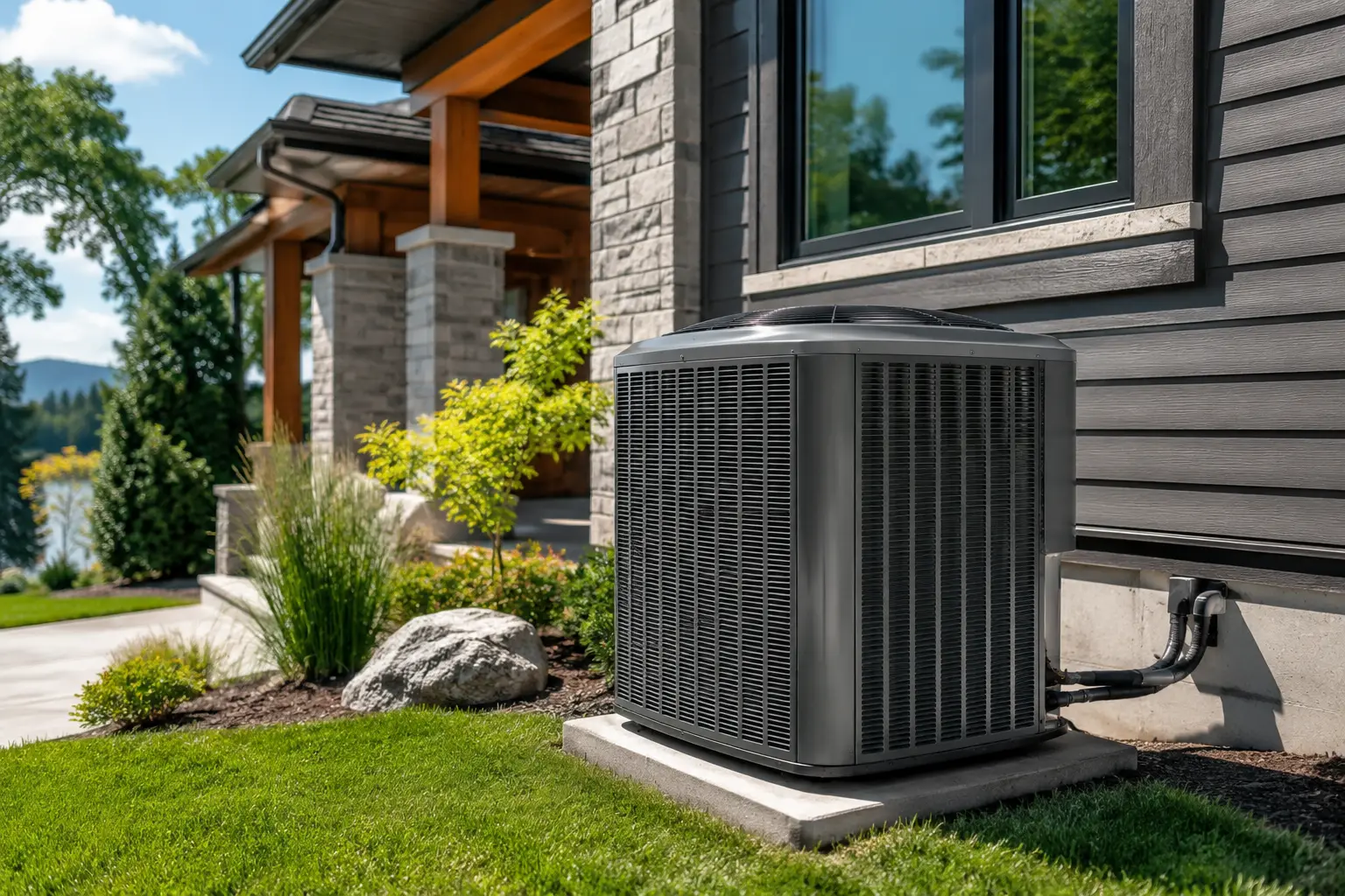 A clean residential air conditioning unit installed beside a home