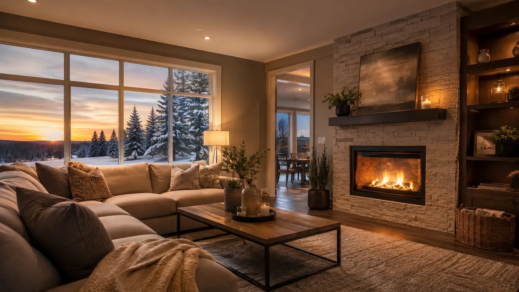 A cozy, warm living room on a winter evening